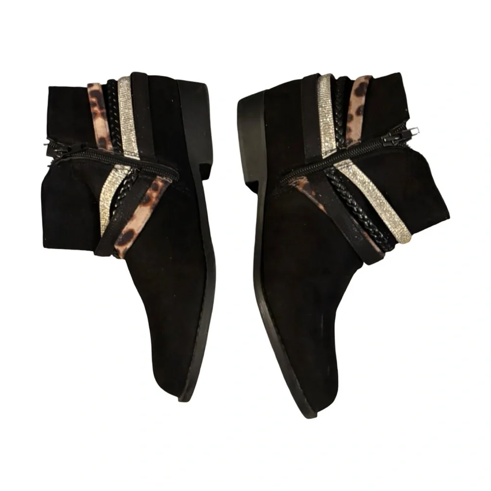 Annie Black Suede-Look Girls' Ankle Boots with Bow and Accent Straps Size 5